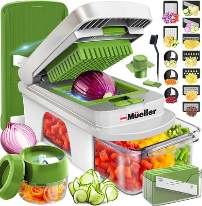 Mueller Pro-Series 10-in-1, 8 Blade Vegetable Chopper, Onion Mincer, Cutter, Dicer, Egg Slicer with Container, French Fry Cutter Potato Slicer, Home Essentials, Salad Chopper White Sand/Green