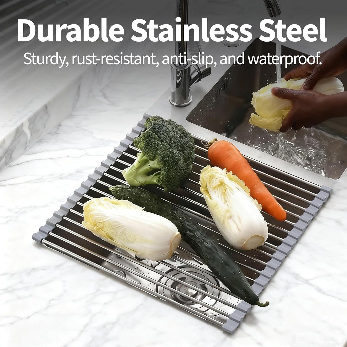 Roll Up Dish Drying Rack for Over Sink - 17.5"x15.7" Foldable Stainless Steel Kitchen Drainer, Black
