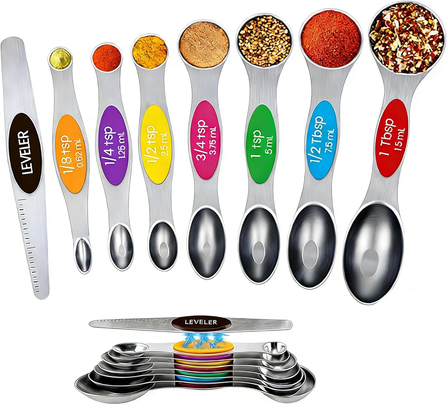 Magnetic Measuring Spoons Set with Leveler, Stainless Steel Metal Tablespoon Measure Spoon for Baking, Cups and Spoon Set Kitchen Gadgets Apartment Essentials Fits in Spice Jars