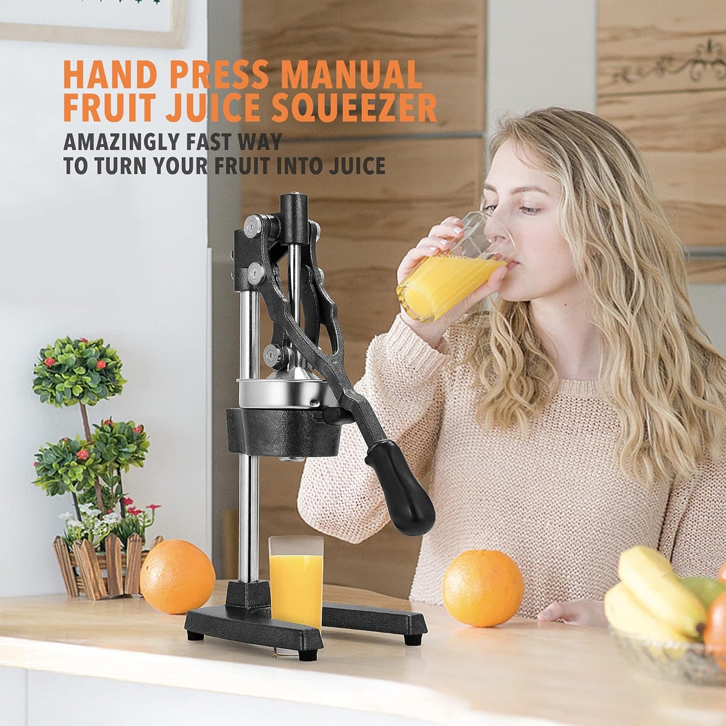 Commercial Heavy Duty Cast Iron Hand Press Manual Orange Citrus Lemon Lime Grapefruit Pomegranate Fruit Juice Squeezer Machine with Stainless Steel Cup