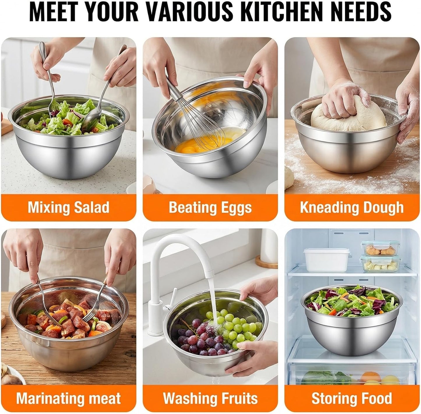 Stainless Steel Mixing Bowls with Lids Set, 6 Nesting Kitchen Bowls 0.7-4 QT, Metal Mixing Bowls with 3 Grater Attachments, Dishwasher Safe for Prep, Mixing, Serving & Storage