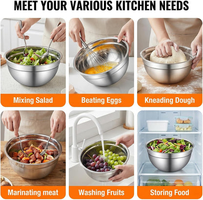 Stainless Steel Mixing Bowls with Lids Set, 6 Nesting Kitchen Bowls 0.7-4 QT, Metal Mixing Bowls with 3 Grater Attachments, Dishwasher Safe for Prep, Mixing, Serving & Storage