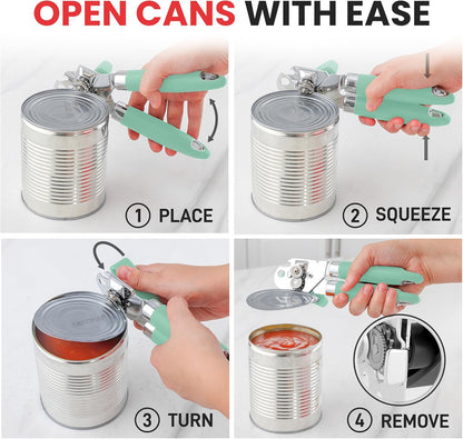 Zulay Kitchen Can Opener with Large Bottle Opener - Heavy Duty Stainless Steel Manual Can Opener with Turn Knob and Soft Grip Handles - Black