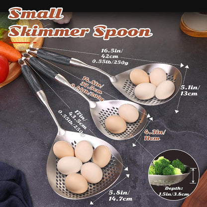 MARTE Skimmer Slotted Spoon Set of 4 - Kitchen Pasta Strainer Spoon - Spider Strainer Skimmer Ladle Spoon with Holder for Cooking and Frying Food, Spaghetti, Vegetable, Dumpling - 14.8In,16.5In,17In