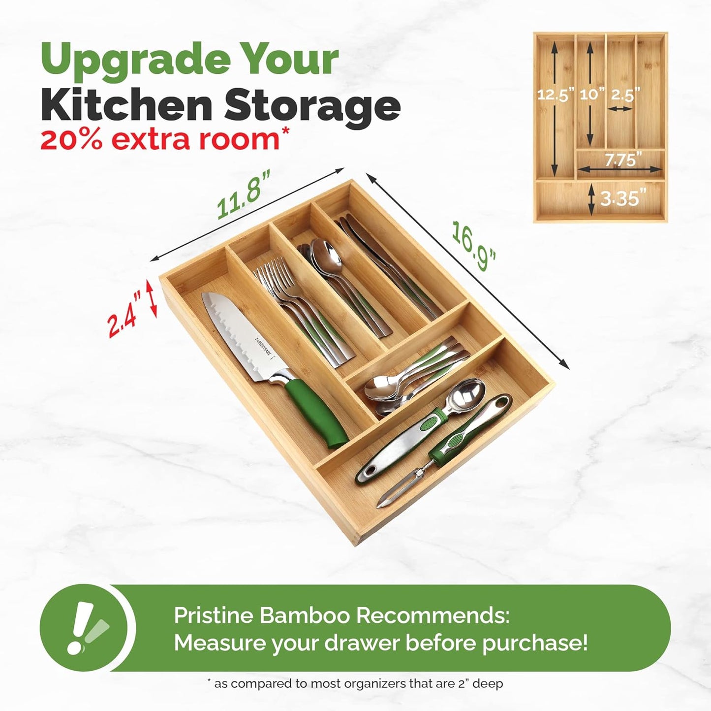 Pristine Bamboo Silverware Organizer - Small Extra-Deep Wooden Kitchen Drawer Organizer Divider for Spoons, Forks, Knives & Cutleries - 5 Slots