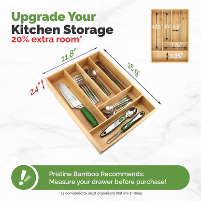 Pristine Bamboo Silverware Organizer - Small Extra-Deep Wooden Kitchen Drawer Organizer Divider for Spoons, Forks, Knives & Cutleries - 5 Slots
