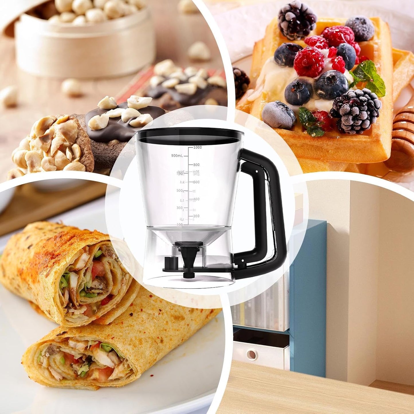 Pancake Batter Mixer - 1L Funnel Shape Container, Precise Baking Accessory, Comfortable Squeeze Handle, Cake Dispenser with Stand | Controlled Batter Pourer for Maker Waffles Pancakes Sauce Dressing