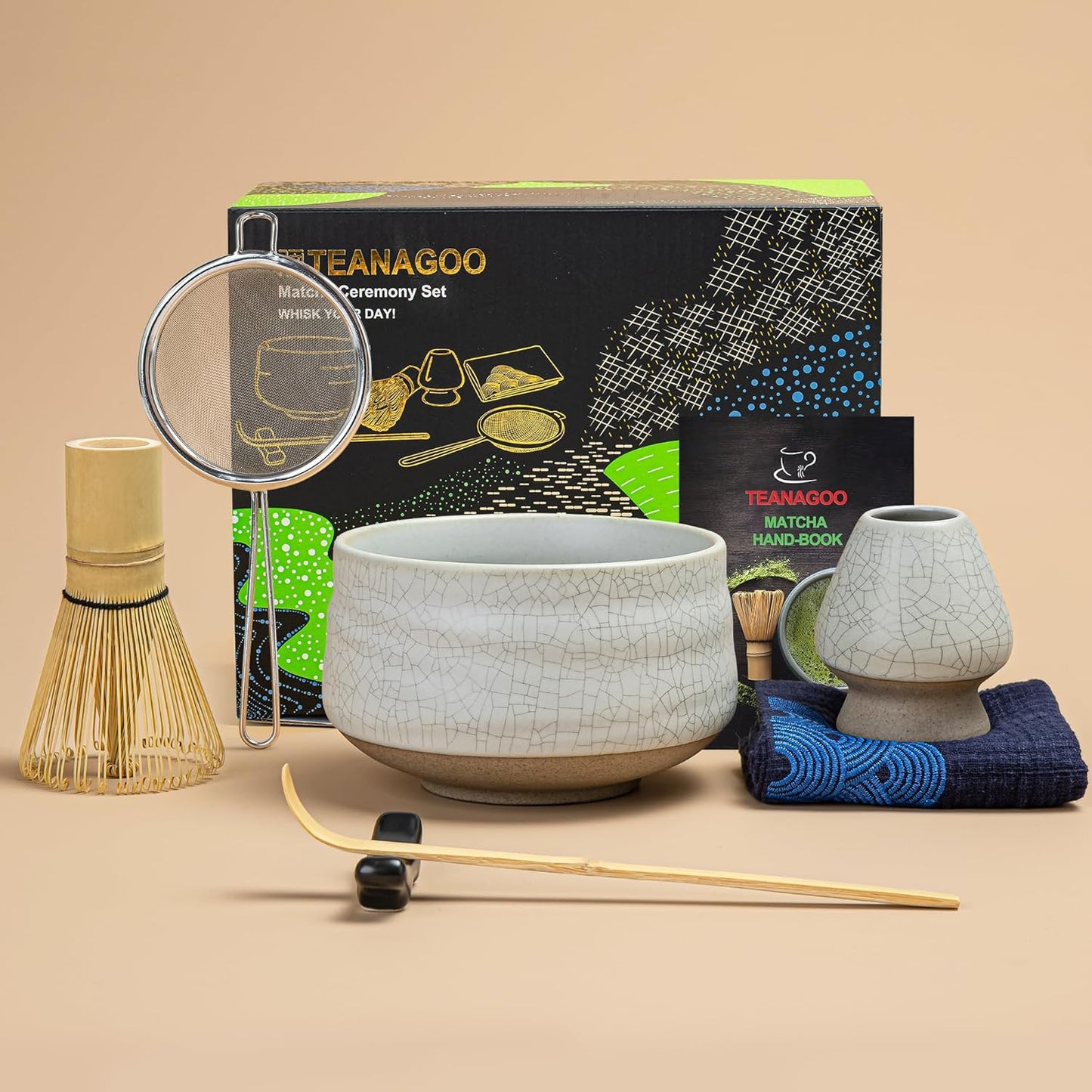 TEANAGOO Matcha Whisk Set, 7 Pcs Matcha Set Blue, Matcha Kit for Ceremony, Matcha Tea Set for Making Breakfast/Latte, Ceramic Matcha Bowl(chawan) whith Spout and Whisk, Gift for Friend/Family