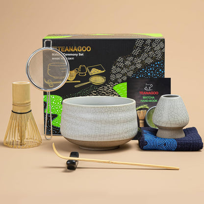 TEANAGOO Matcha Whisk Set, 7 Pcs Matcha Set Blue, Matcha Kit for Ceremony, Matcha Tea Set for Making Breakfast/Latte, Ceramic Matcha Bowl(chawan) whith Spout and Whisk, Gift for Friend/Family
