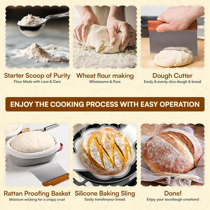 Sourdough Starter Kit 9” Round & 10” Oval Banneton Bread Proofing Baskets with Dough Whisk, Lame, Scraper & Starter Jar Beginner Friendly Bread Baking Supplies for Dutch Oven, Gluten Free Baking