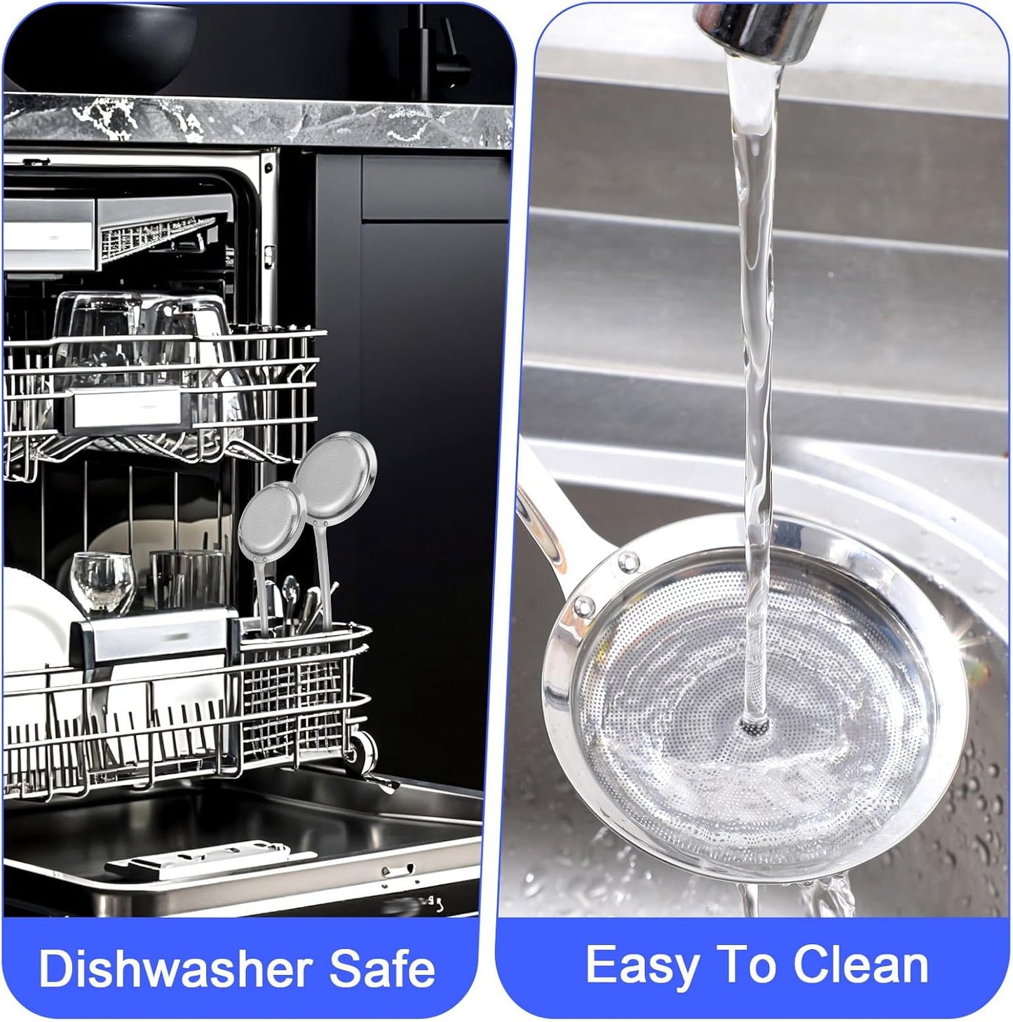 Stainless Steel Fine Mesh Strainer Set of 4, 2 Sizes Fine Mesh Kitchen Sieve for Cooking, Long Handle Food Strainer Skimmer Spoon Grease Separator