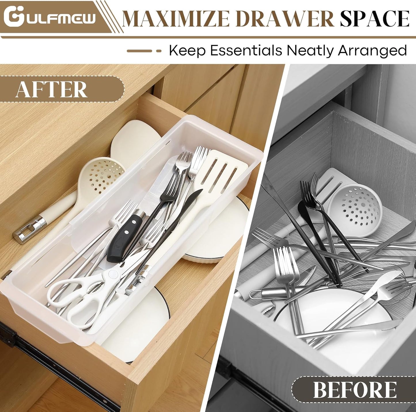 2 Pack Deep Drawer Organizer Bins, Adjustable Sliding Drawer Organizer Bin Expandable Tray for Kitchen Utensils, BBQ Tools, Towels, Durable Plastic Sliding for Easy Storage (12.4" to 18”)