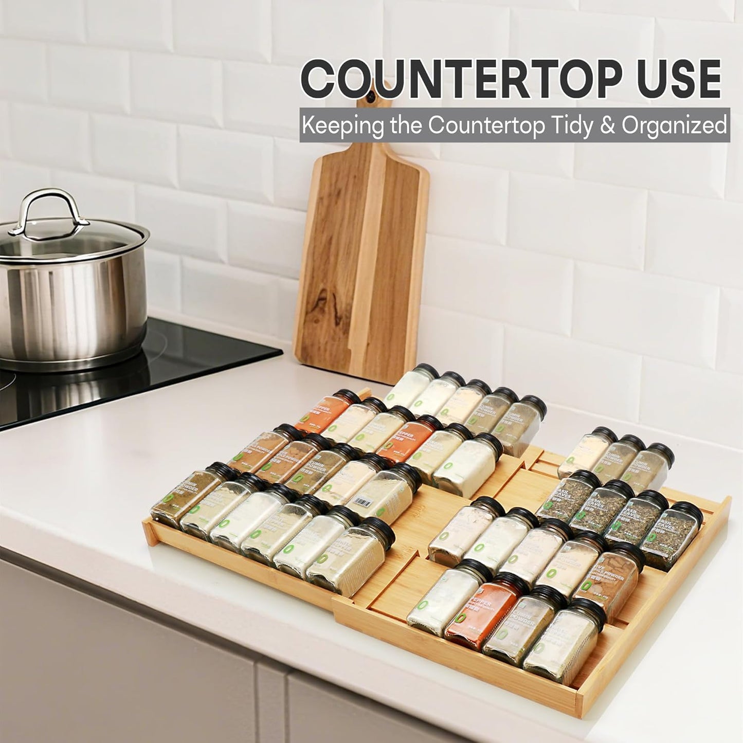Bamboo Spice Drawer Organizer, (Need 3.1” Deep Drawer) Expandable 4 Tier Spice Rack for Cabinet (From 12" to 23" Wide), Seasoning Storage Insert, Spice Organizer for Drawer,Jars Not Included