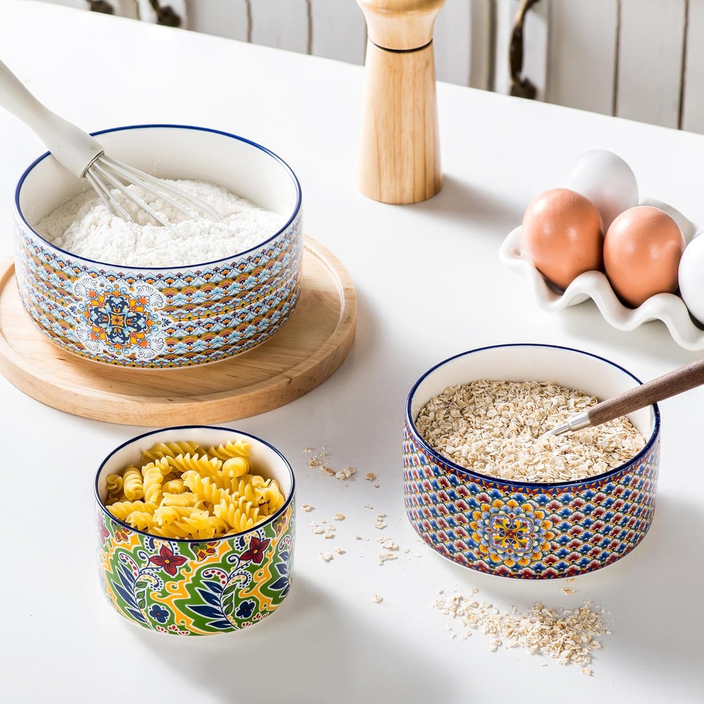 HENXFEN LEAD Ceramic Food Storage Bowls with Lids, Nesting Set of 3 (10, 20 & 32 oz), Prep & Serving Bowls, Microwave, Dishwasher & Freezer Safe, Bohemian Style