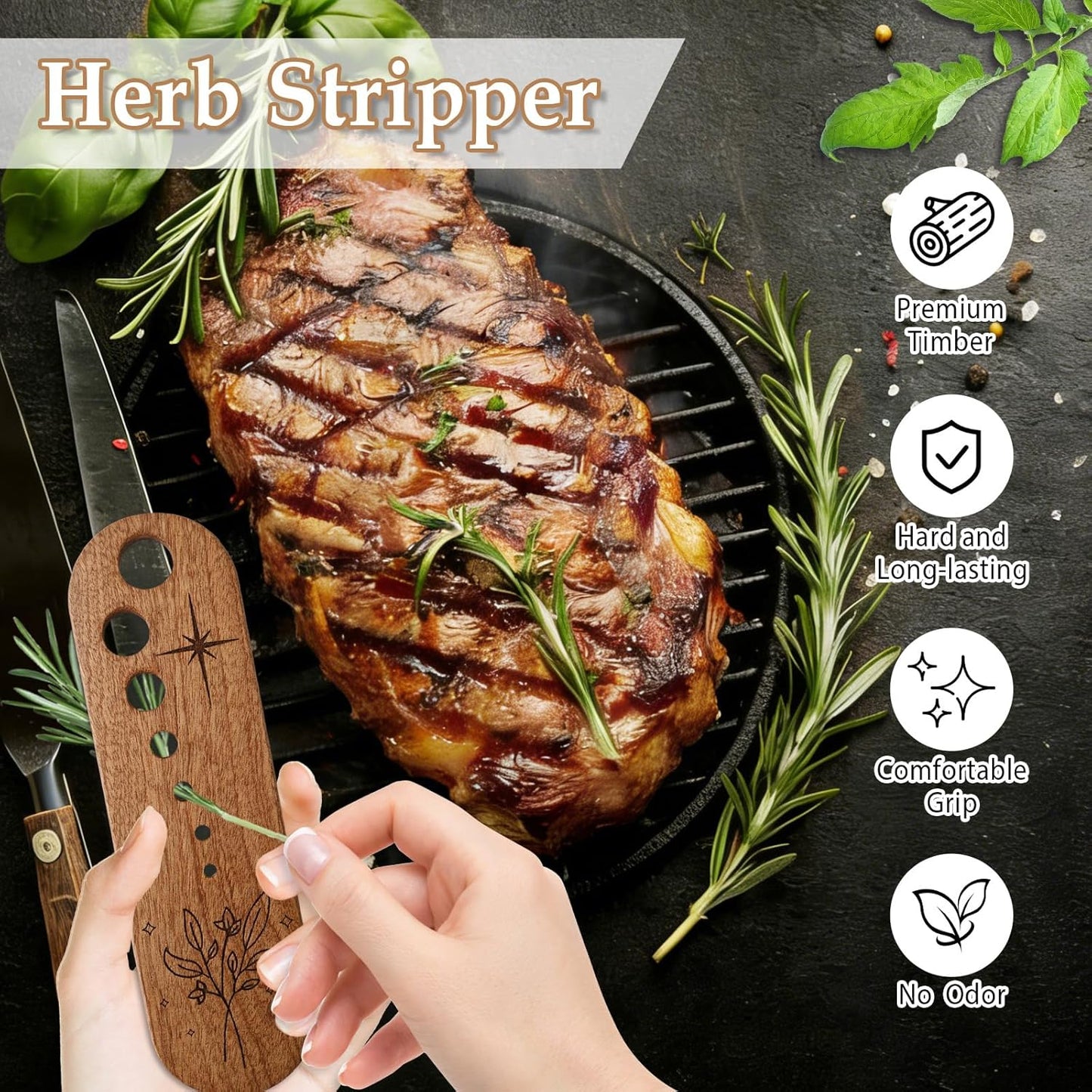 Premium Herb Stripper Tool, Herb Stripper Wooden with Cleaning Brush Set, Kitchen Herbs Leaf Stripping Tool, Herb Leaf Peeler for Collard Green Thyme Basil Rosemary Stripper, Practical Kitchen Gadgets