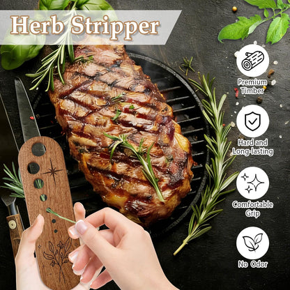 Premium Herb Stripper Tool, Herb Stripper Wooden with Cleaning Brush Set, Kitchen Herbs Leaf Stripping Tool, Herb Leaf Peeler for Collard Green Thyme Basil Rosemary Stripper, Practical Kitchen Gadgets
