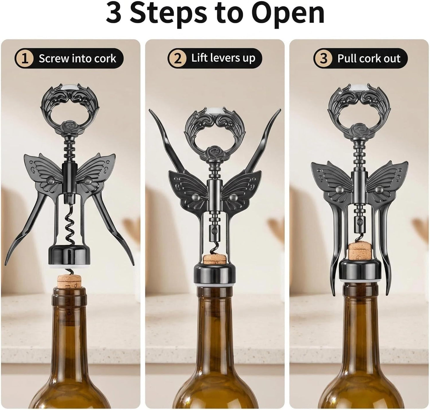 Wine Opener, 3 in 1 Zinc Alloy Premium Wing Corkscrew Wine Bottle Opener with Multifunctional Bottles Opener and Serrated Foil Cutter for Wine and Beer (Black)