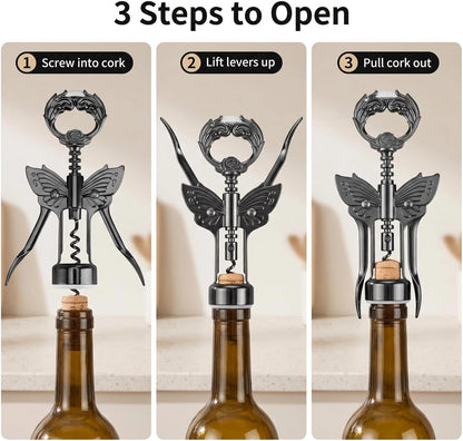 Wine Opener, 3 in 1 Zinc Alloy Premium Wing Corkscrew Wine Bottle Opener with Multifunctional Bottles Opener and Serrated Foil Cutter for Wine and Beer (Black)