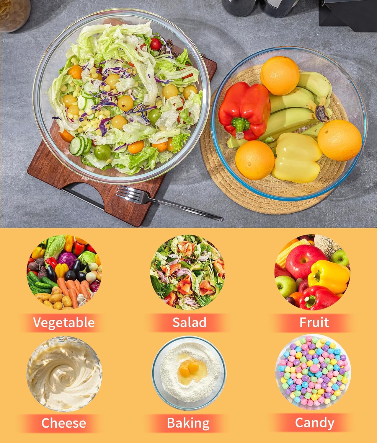 6.5Qt Extra Large Glass Mixing Bowl with Lid, Clear Large Salad Bowls with Airtight Bamboo Lid & Handle,Thickened Glass Big Mixing Bowls Cooking Bowl for Food Prep, Kitchen,Dinner, Borosilicate Glass