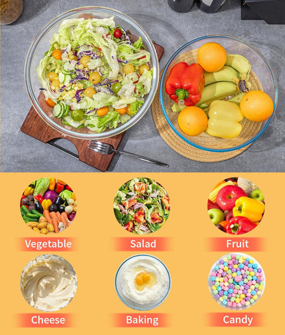6.5Qt Extra Large Glass Mixing Bowl with Lid, Clear Large Salad Bowls with Airtight Bamboo Lid & Handle,Thickened Glass Big Mixing Bowls Cooking Bowl for Food Prep, Kitchen,Dinner, Borosilicate Glass