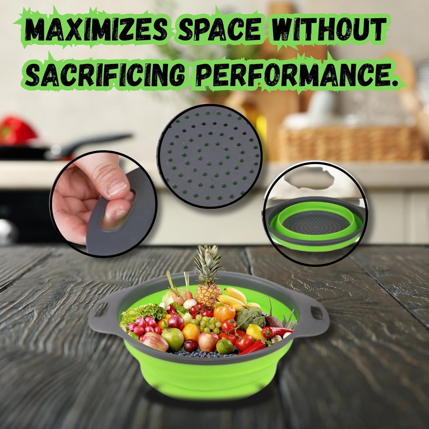 Collapsible Colander Set of 2, Foldable Silicone Pasta Strainer with Handles, 2 Pack Space Saving Kitchen Colander for Fruits,Space Saving Pasta Strainer Basket for Fruits & Vegetables