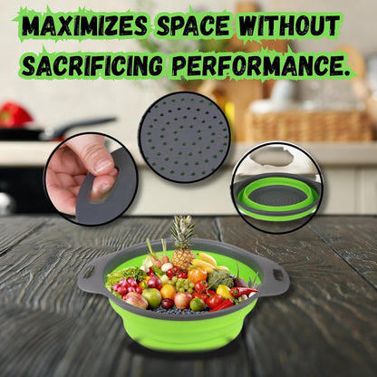 Collapsible Colander Set of 2, Foldable Silicone Pasta Strainer with Handles, 2 Pack Space Saving Kitchen Colander for Fruits,Space Saving Pasta Strainer Basket for Fruits & Vegetables