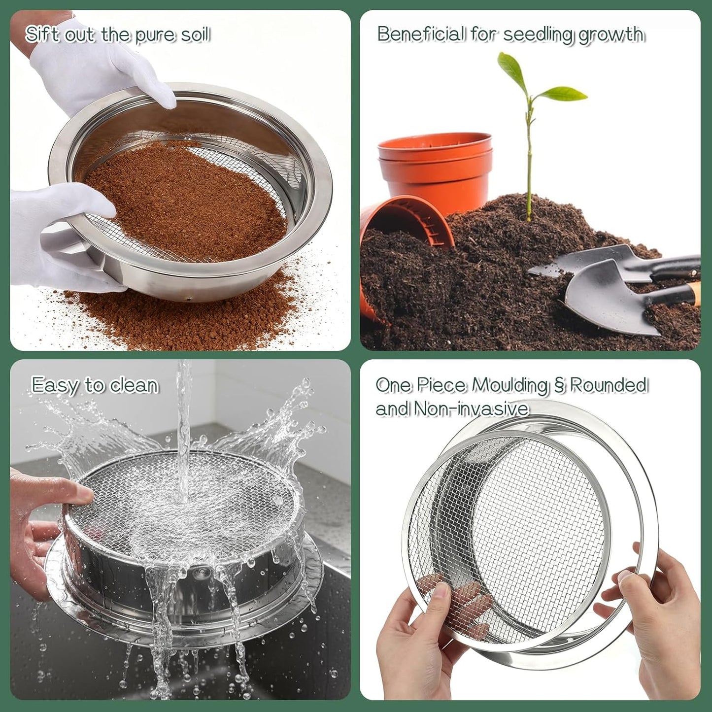 Soil Sieve Set Stainless Steel Garden Soil Sifter, Compost Mesh Sifter with 5 Interchangeable Mesh 1/3/6/9/12mm and Soil Scoops for Sand, Bonsai Soil, Rock, Filtration