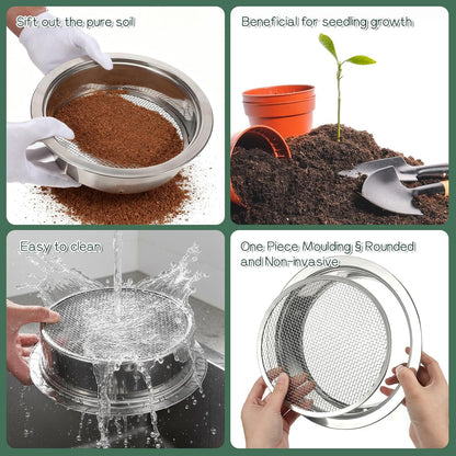 Soil Sieve Set Stainless Steel Garden Soil Sifter, Compost Mesh Sifter with 5 Interchangeable Mesh 1/3/6/9/12mm and Soil Scoops for Sand, Bonsai Soil, Rock, Filtration