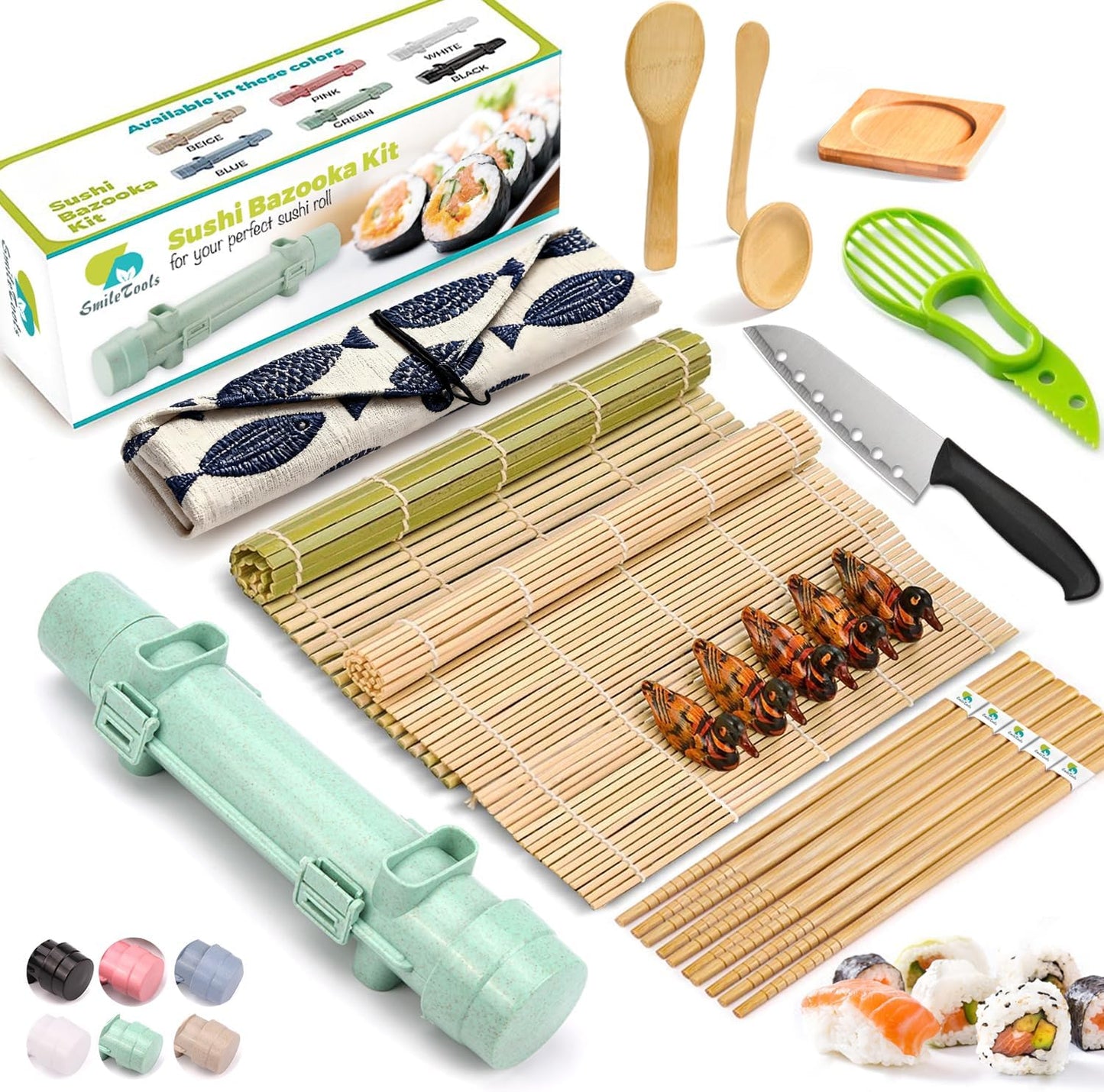 SmileTools Sushi Making Kit, 22pcs Roller Maker for Beginners With Guide Book, Bazooka, Knife, Mat, Avocado Slicer, Chopsticks, Sauce Dishes & More - Sushi Lover's Gift