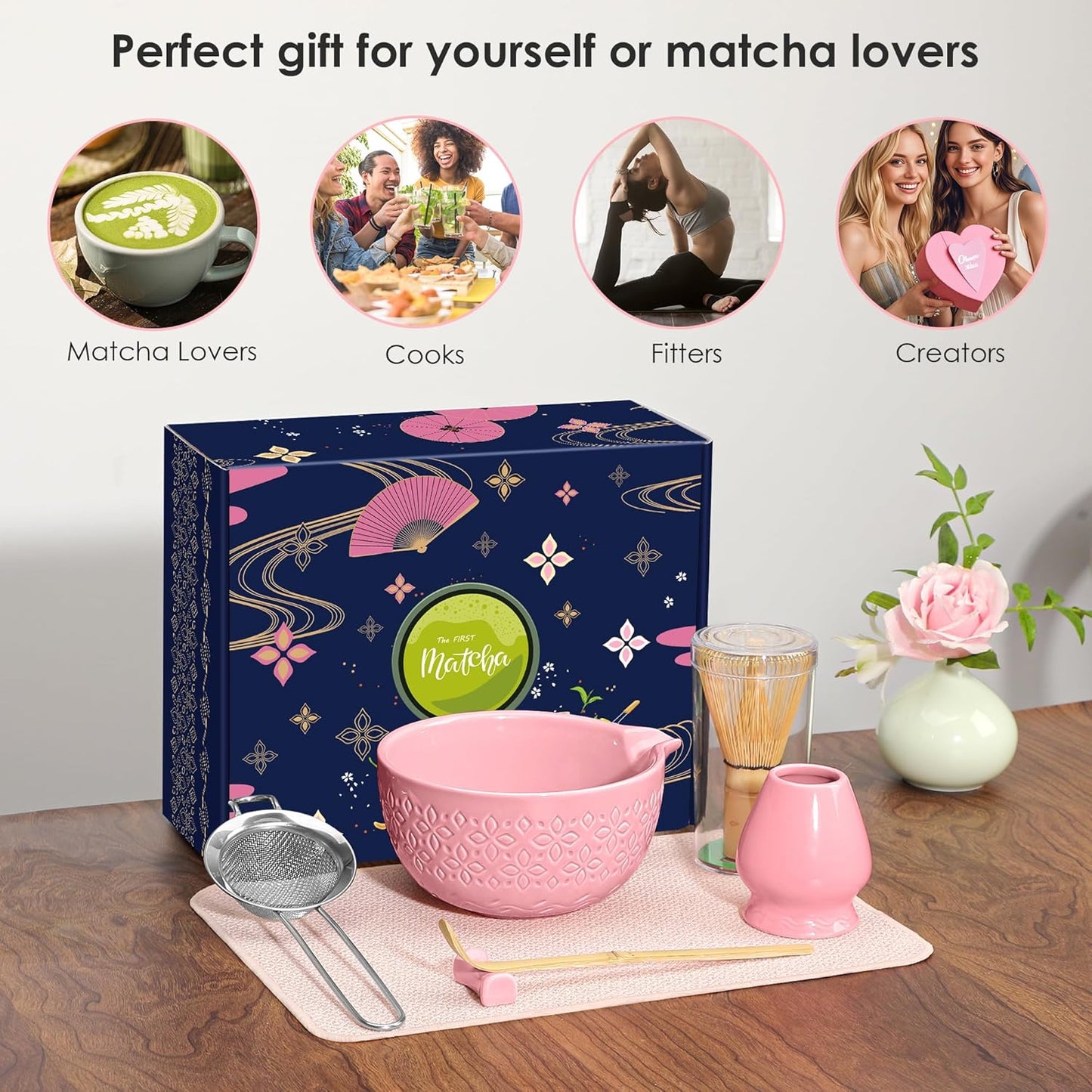 Matcha Whisk Set Matcha Kit - 7 Pcs Japanese Tea Set Includes Matcha Bowl with Spout,Bamboo Whisk with Ceramic Holder,Bamboo Scoop and Rest,Sifter,Tea Towel, for Ceremony Matcha Lovers Gift,Green