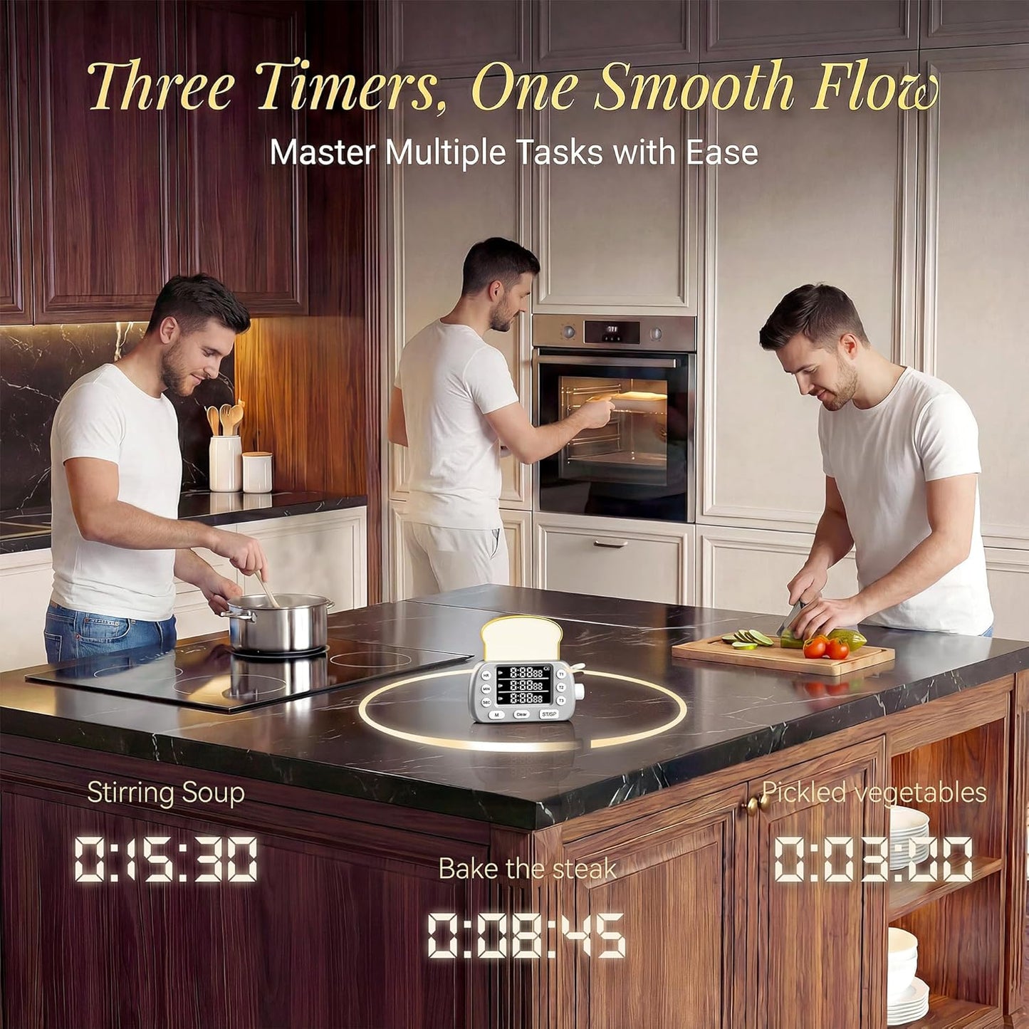Digital Kitchen Timer for Cooking - 3-Channel Magnetic Countdown Timers with Memory Preset for Baking, Toaster, Eggs Includes Memo Notes (White)