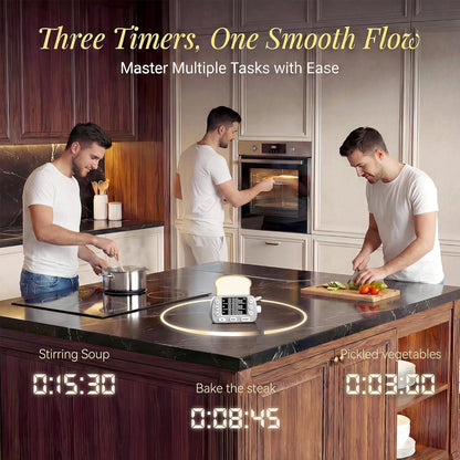 Digital Kitchen Timer for Cooking - 3-Channel Magnetic Countdown Timers with Memory Preset for Baking, Toaster, Eggs Includes Memo Notes (White)