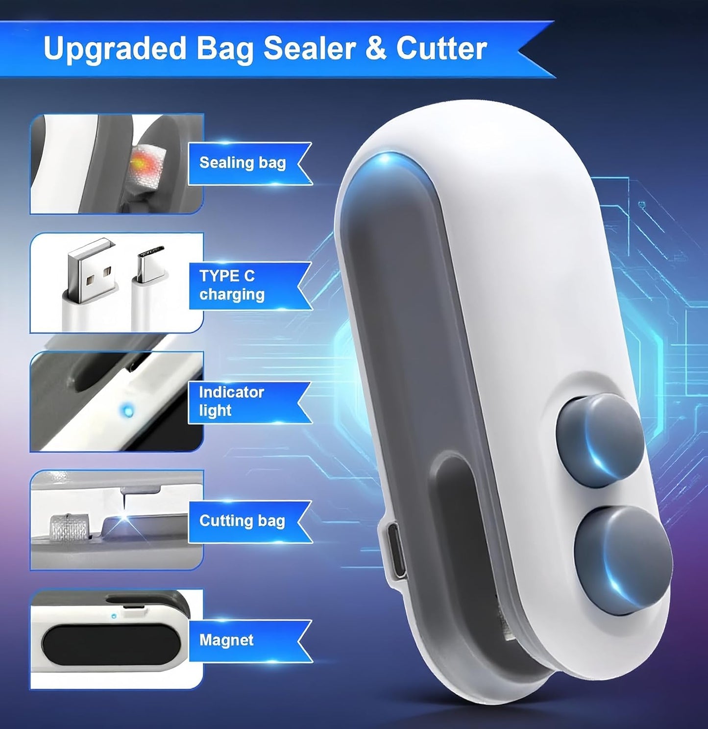 2in1 Rechargeable Chip Bag Sealer with Cutter, Portable USB C Heat Sealer Resealer Machine for Chip, Plastic Bags Heat Seal Tool for Snacks (White)