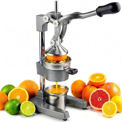 Cast Iron Citrus Juicer Hand Press, Heavy Duty Manual Orange Juicer Squeezer with 304 Stainless Steel Cup & Strainer, Lemon Grapefruit Pomegranate Press, Grey