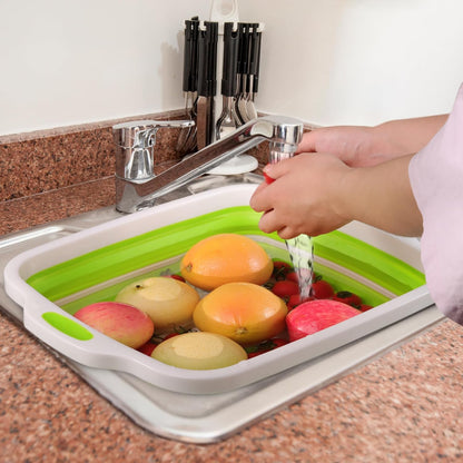 Space Saving Cutting Board, Collapsible Dish Tub with Draining Hole, Folding Chopping Board with Colander, 3 in 1 Multifunction Camping Sink for Washing Dish, Bowl, Vegetables and Fruit