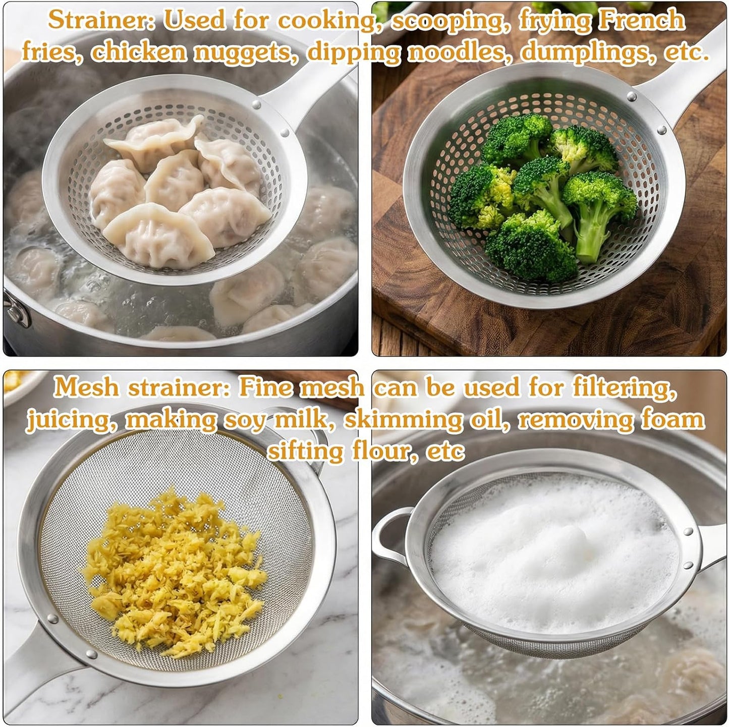 2 Pieces Spider Strainer Skimmer Spoon Set, Fine Mesh Stainless Steel Metal With HoleSieve Food Strainer Grease Spider Skimmer, Large Hole Slotted Colander Frying Spoons Set With Handle for Cooking