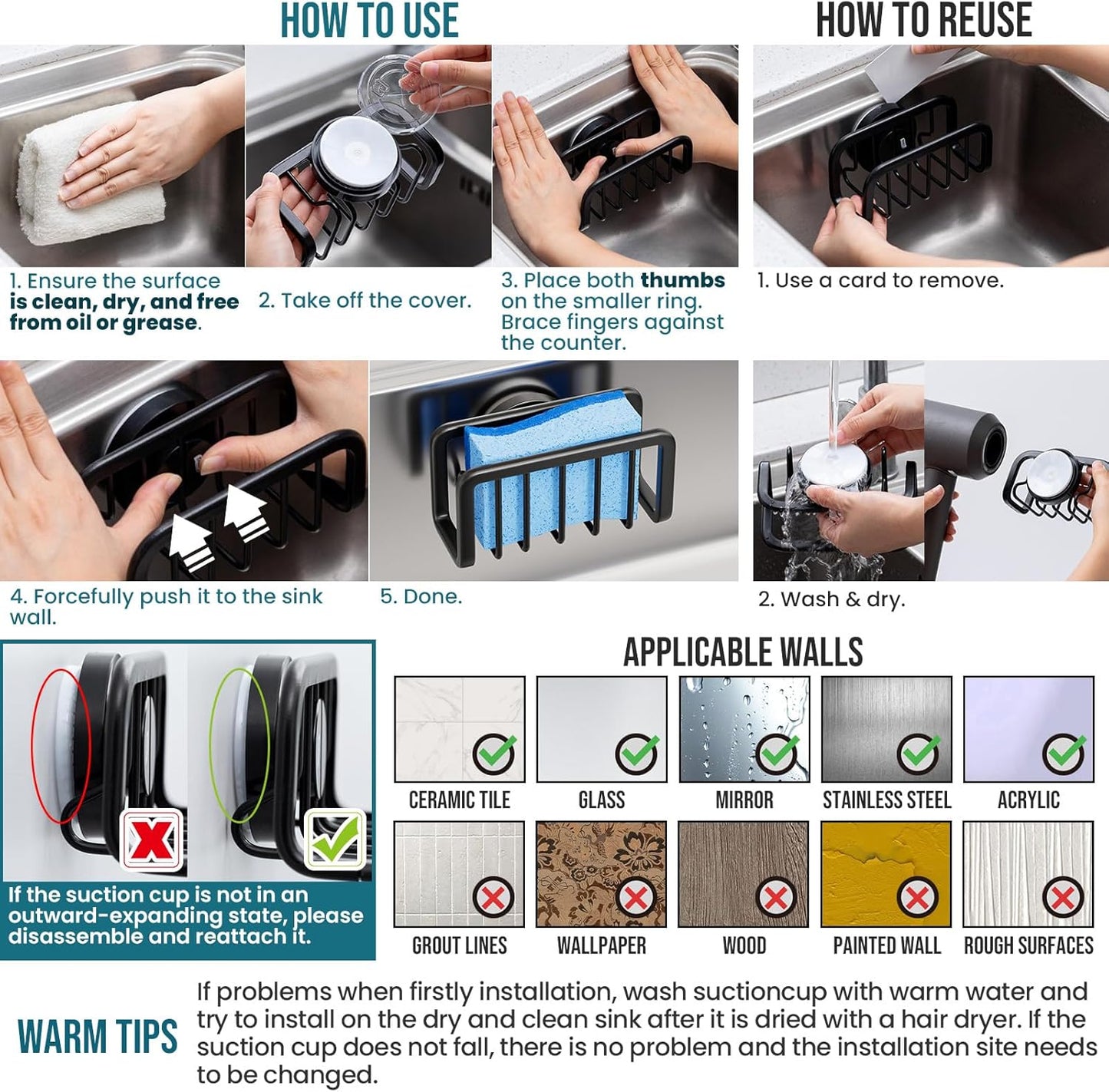 TAILI Sponge Holder for Kitchen Sink with Strong Suction Cup Removable, Rustproof Aluminum Sink Caddy for Sponge, Brush, Scrubber, Scraper -Silver
