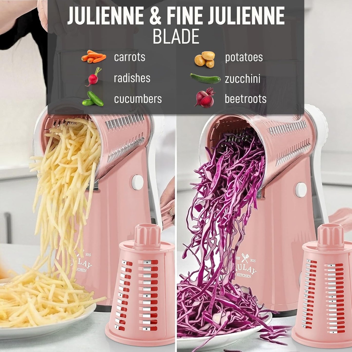 Zulay Kitchen Rotary Cheese Grater 5 Blade Cheese Shredder - Manual Hand Crank Cheese Grater With Reinforced Suction & 5 Interchangeable Drums - Easy to Use, Vegetable Chopper Round Mandoline Slicer - Colors A