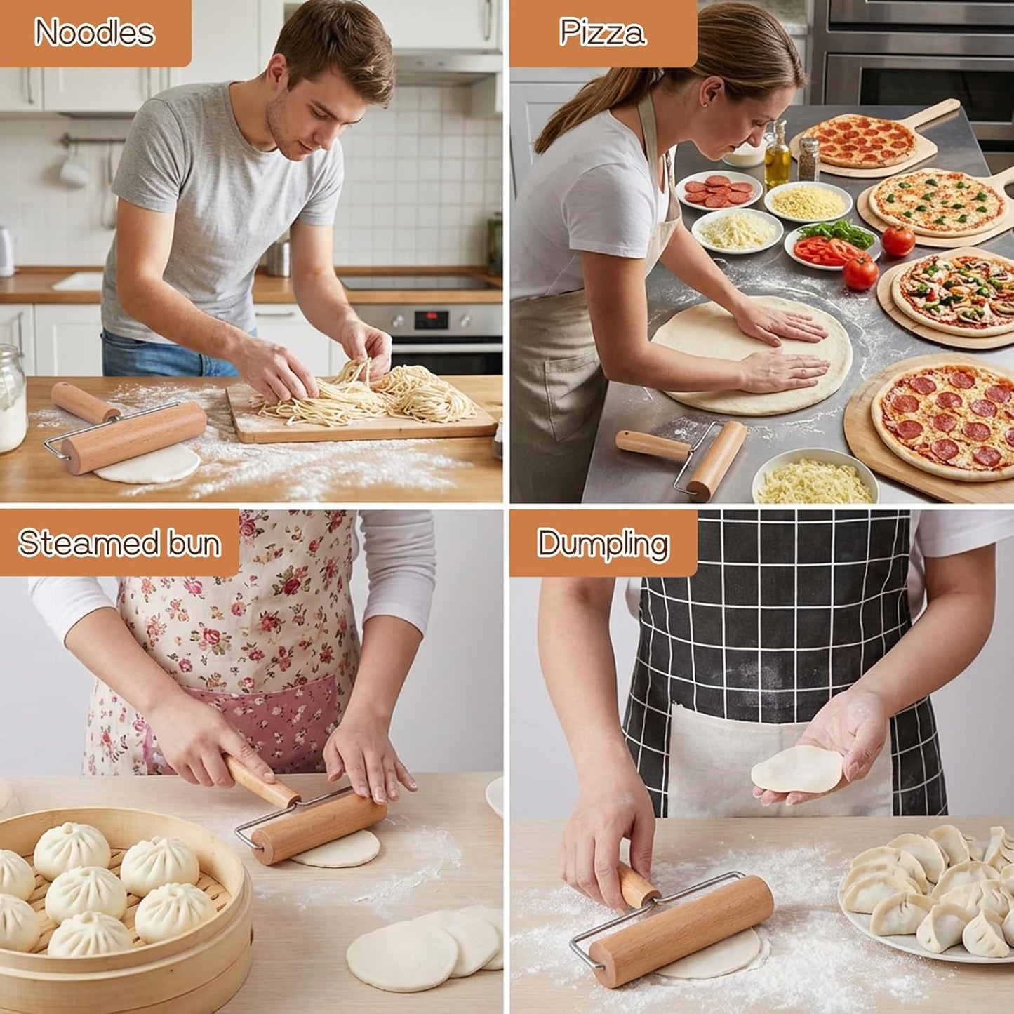 2 Pcs Small Rolling Pin with Handle, Wood Rolling Pins, Non-Stick Pizza Roller for Tortilla Cookie Dumpling Home Kitchen Baking Cooking