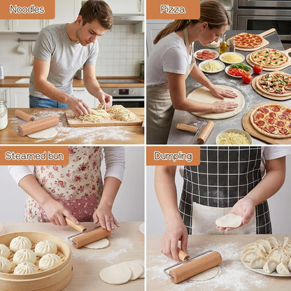 2 Pcs Small Rolling Pin with Handle, Wood Rolling Pins, Non-Stick Pizza Roller for Tortilla Cookie Dumpling Home Kitchen Baking Cooking