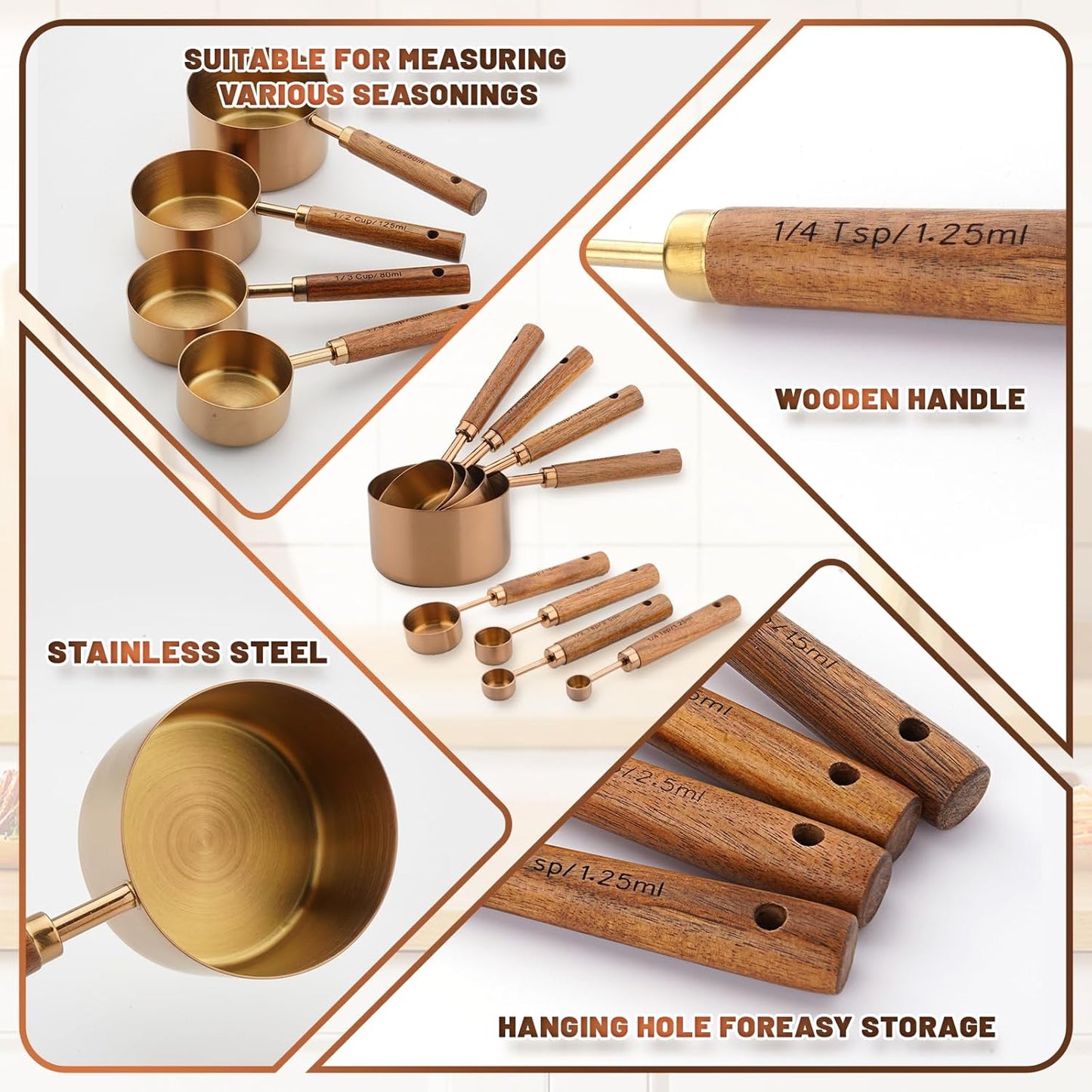 Measuring Cups and Spoons Set,Premium Stainless Steel Measuring Cups and Spoons Set with Wood Handle, 8-Pieces Kitchen Essentials for Baking, Coffee with Ergonomic Grip & Engraved Markings(Silver8)