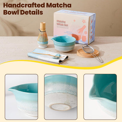 Matcha Whisk Set, Ceramic Matcha Kit Desert Style, Matcha Whisk and Bowl, Bamboo Scoop and Rest, Sifter and Tea Towel, 7 Pcs Gifts for Matcha Lover - Matte Black