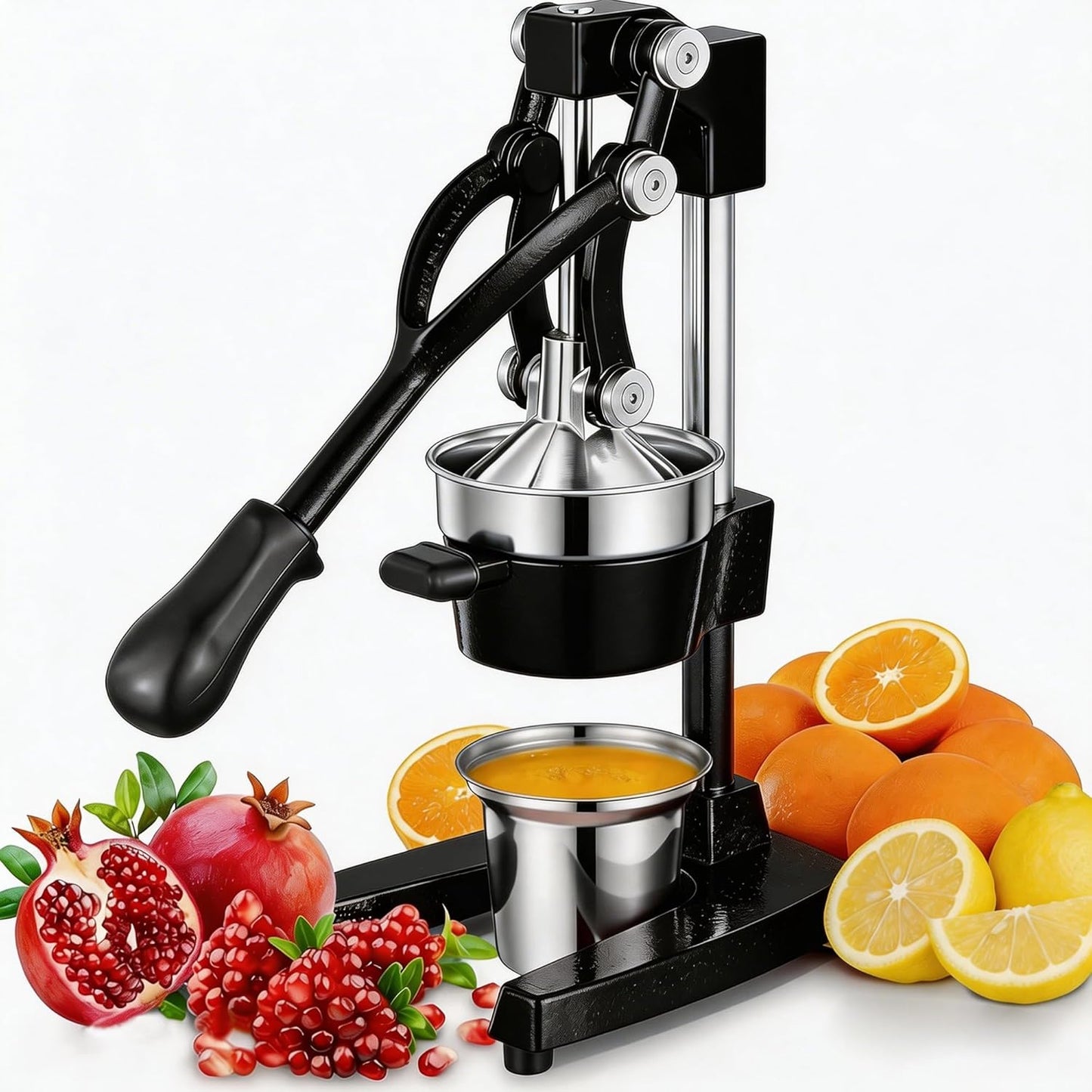 Commercial Heavy Duty Cast Iron Hand Press Manual Orange Citrus Lemon Lime Grapefruit Pomegranate Fruit Juice Squeezer Machine with Stainless Steel Cup