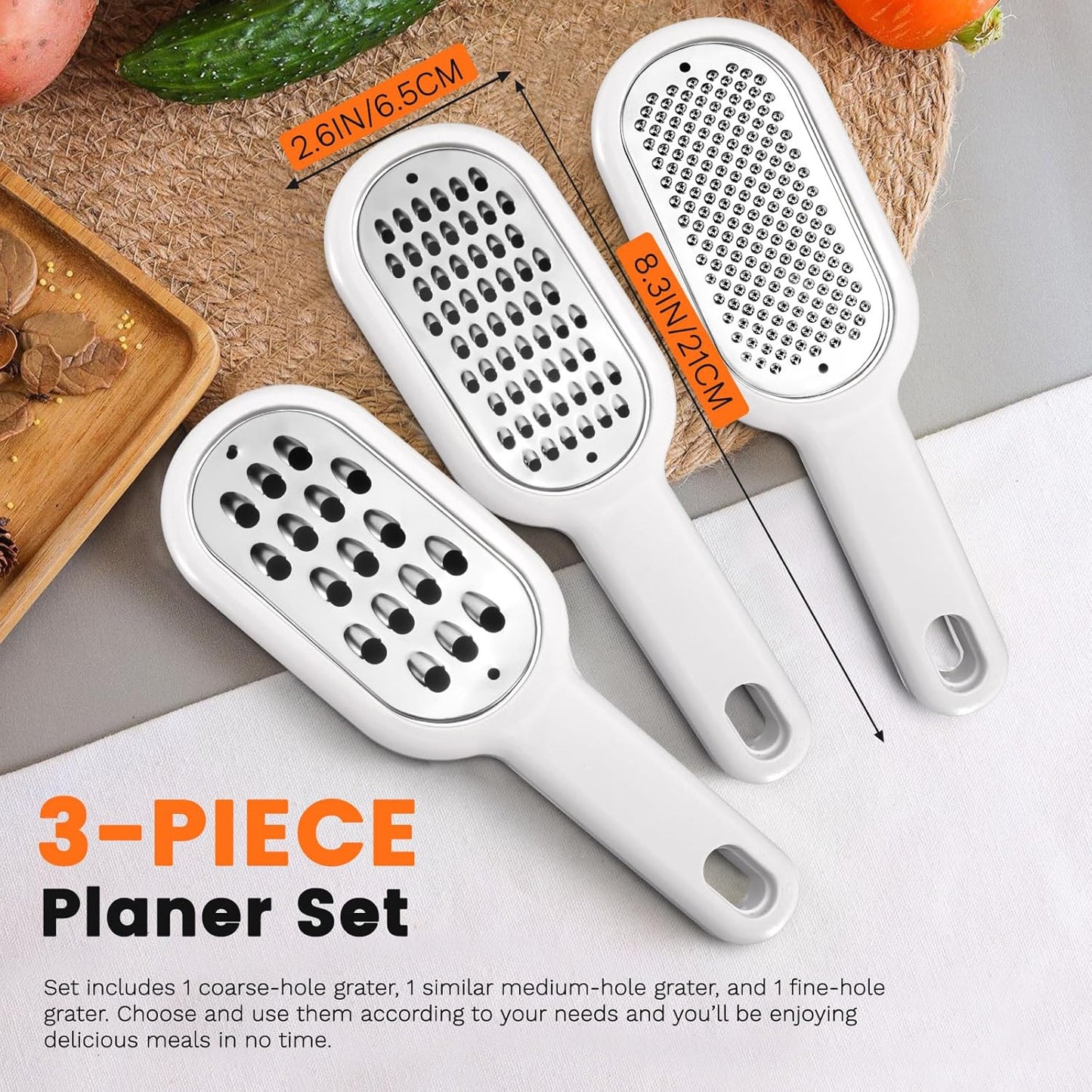 LELE LIFE 3 Pack Hand Held Cheese Grater for Kitchen Stainless Steel, Small Stackable Storage Zester Grater with Handle for Cheese Lemon Ginger Nutmeg Garlic Citrus Potato