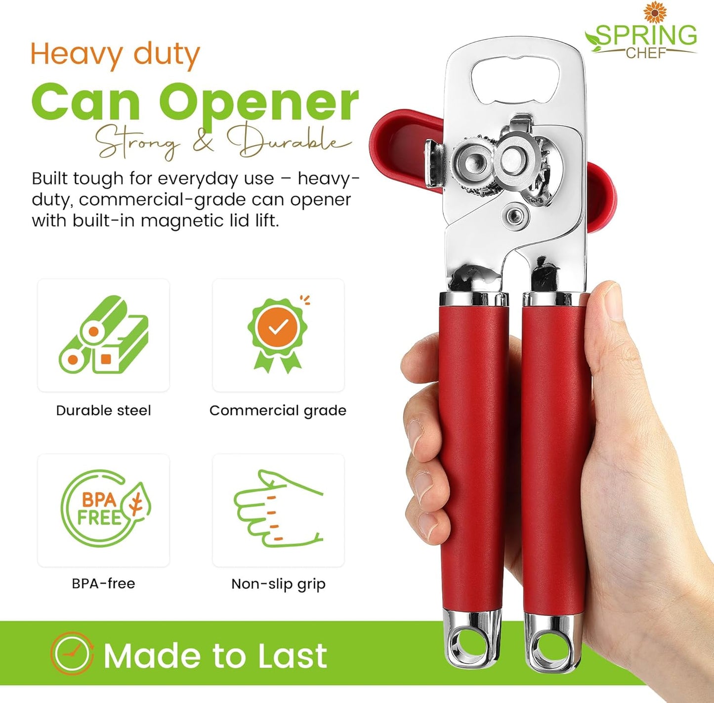 Spring Chef Stainless Steel Can Opener - Manual with Soft Grip Handles, Easy Turn, Heavy Duty Hand Can Openers for Seniors with Smooth Edge - Magnetic Lid Remover - Black