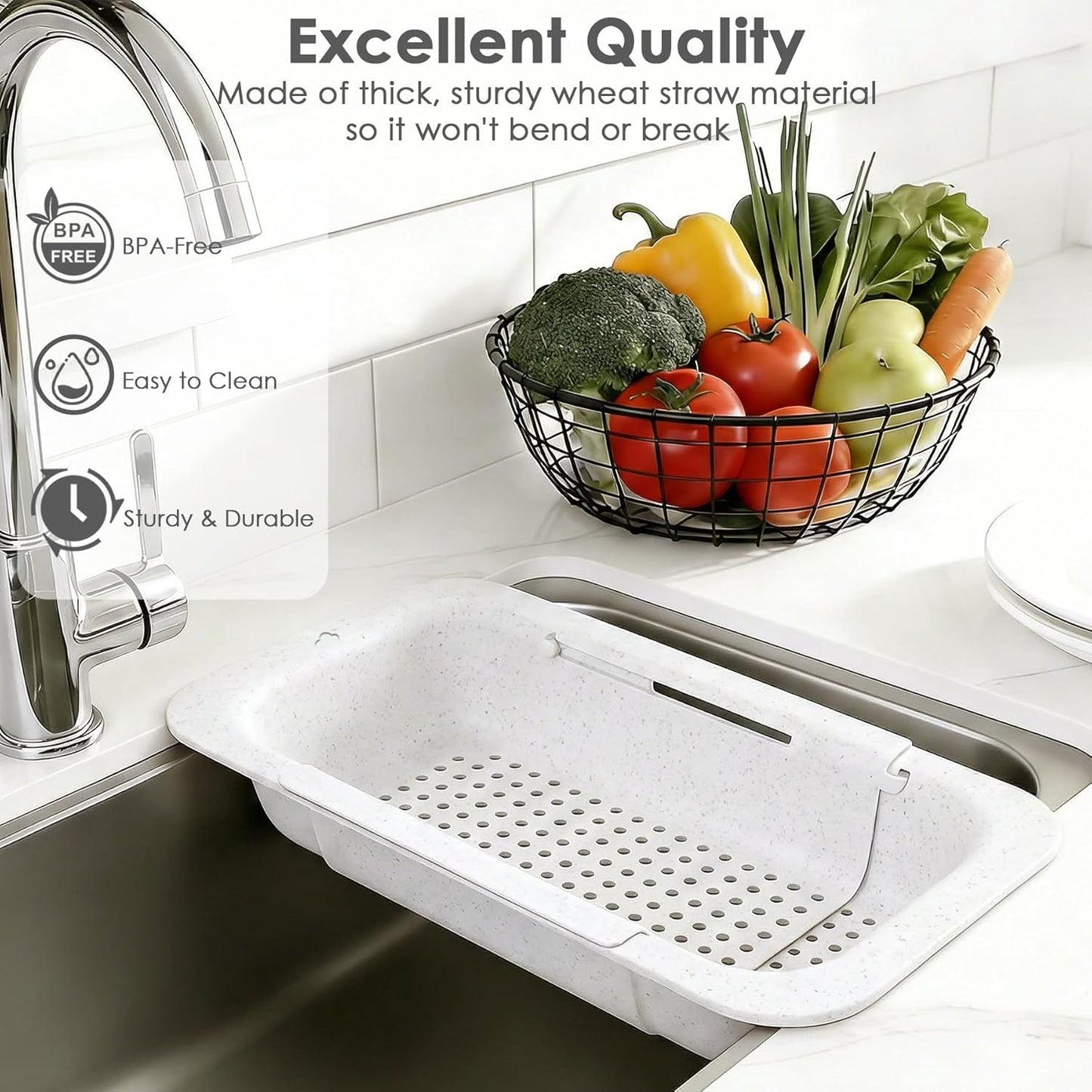 Over the Sink Colander Strainer Basket, Extendable Colander and Strainer for Kitchen, Wash Vegetables and Fruits, Drain Pasta and Dry Dishes, Adjustable Colander from 13.5In to 18.7In, White