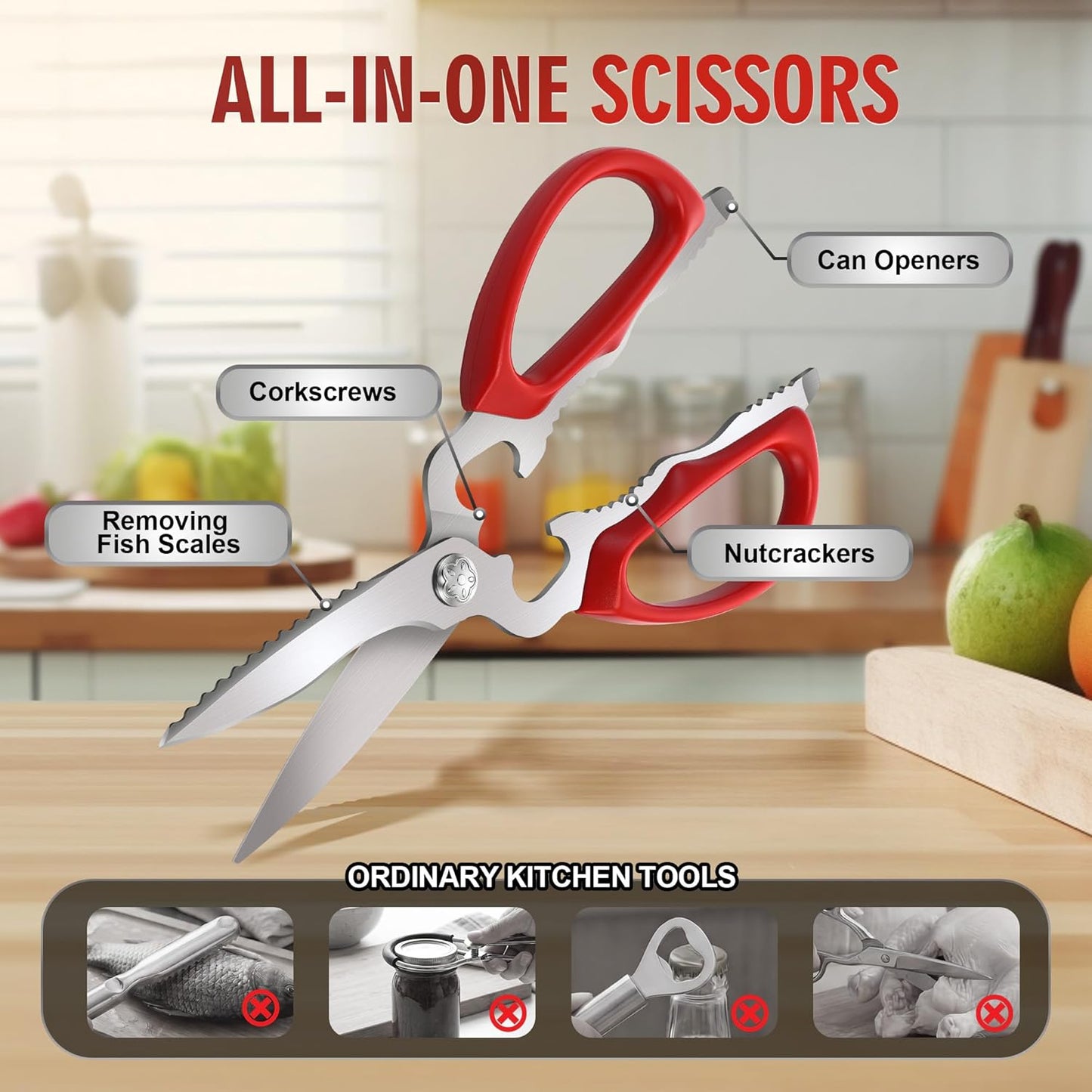 Multi-Purpose Kitchen Shears, 9" Heavy Duty Japanese 420J2 Stainless Steel, Detachable Blades for Poultry, Herbs, Fish, Nuts, Jar & Bottle Opening, Dishwasher Safe, Soft Ergonomic Handle