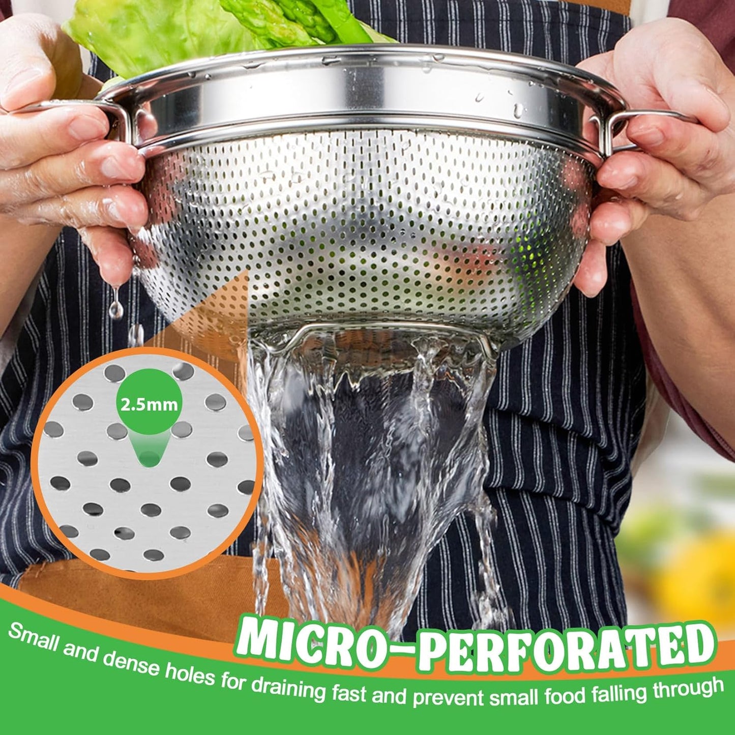 P&P CHEF Colander Strainer Stainless Steel 3 Quart, Metal Micro-Perforated Colander for Kitchen Food, Ideal for Rinsing Washing Draining, Dishwasher Safe, Shiny Silver, 1PC