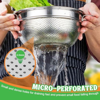 P&P CHEF Colander Strainer Stainless Steel 3 Quart, Metal Micro-Perforated Colander for Kitchen Food, Ideal for Rinsing Washing Draining, Dishwasher Safe, Shiny Silver, 1PC