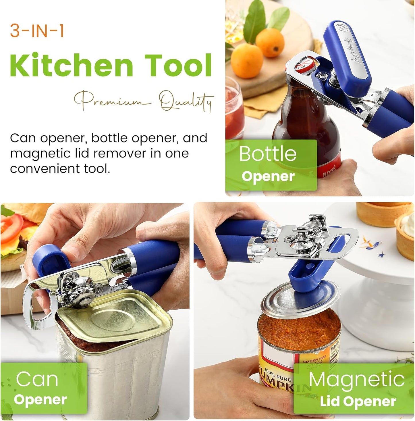 Spring Chef Stainless Steel Can Opener - Manual with Soft Grip Handles, Easy Turn, Heavy Duty Hand Can Openers for Seniors with Smooth Edge - Magnetic Lid Remover - Black